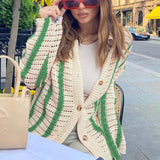 Fashionkova  2022 Autumn Knitted Long Sleeve Cardigan Women Red Stripe Loose V Neck Oversized Sweater Tops Fashion Casual Pullover