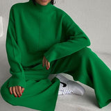 Fashionkova   Winter Knitted Tracksuit Women Sweater Top And Wide Leg Pants 2022 Fashion Two Piece Sets Womens Outifits Elegant Green Suits