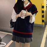Fashionkova  Preppy Style Knitted  Sweater Vest V-Neck Oversize Korean Fashion Sleeveless  Youth Jumper Casual White Pullover Female