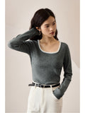 Fashionkova Big Round Neck Color Contrast Long-sleeved Knitted Sweater for Women Autumn New Style Slim Temperament Chic Top Female