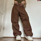 Fashionkova  Drawstring Low Waist Wide Leg Cargo Pants Baggy Hippie Korean Trousers Women Pocket Casual Button Streetwear Bottoms