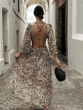 Fashionkova  Elegant Women Floral Printed Hollow Out Backless Mixi Dress Long Sleeve Vintage Female BOHO Summer Dresses