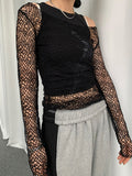 Fashionkova  2022 Summer Y2K Net Holes Crop Top Women See Through Slash Neck T Shirt Retro Grunge Korean Pullovers Chic Streetwear Tee