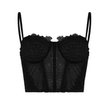 Fashionkova  Sexy Y2k Lace Corset Top Frill Solid Color Bow Vintage See Through Camis Crop Top Women Cute Mini Vest 90S