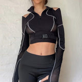 Fashionkova  Hollow Out Shoulder Black Goth Woman Tshirts With Buckle Zip Up Slim Sexy Girl Techwear Stripe Long Sleeve Autumn Tee