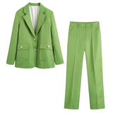 Fashionkova   Women Fashion Green Blazer Jacket Office Lady Set Streetwear Female Solid Straight Trousers Casual Girls Long Pants