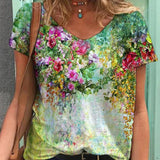 Fashionkova  2022 Summer Floral 3D Print Women T-Shirts Short Sleeve V-Neck Tee Shirts Female Casual Loose T-Shirt Y2K Oversized T Shirt