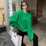 Fashionkova  Korean Fashion Green Oversize Pullover Sweatshirt Women Harajuku Long Sleeve Solid Hoodies Female Streetwear Top Spring