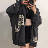 Fashionkova Women's Gothic Embroidery Hoodies Sweatshirt Harajuku Vintage Hip-Hop Streetwears Female Zip-Up Casual Hooded Jacket Sweatshirts