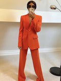 Fashionkova  Fashion Women Orange Single Button Flap Pocket Blazer Jacket High Waist Straight Trousers 2 PCS Set For Office Lady Streetwear