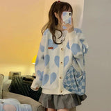 Fashionkova  Kawaii Korean Style Heart Print Blue Sweater Cardigan Women Cute Harajuku Preppy Fashion V-Neck Jumper Female  Tops