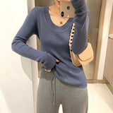 Fashionkova  Base With U Collar Trim Wool Knit Leggings For Women Autumn Winter Thin Style Pullover Versatile Solid Color Long Sleeve Sweater