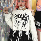 Fashionkova  Punk Gothoc Crop Tops Fairy Grunge T Shirts E-Girls Y2k Tops Harajuku Car Printed Hollow Out Long Sleeve Tee Shirt Emo