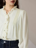 Fashionkova French Style Commuting Wood Ear Chiffon White Shirt for Women Autumn New High-end Elegant V-neck Simple Top Shirt Female