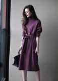 Fashionkova  European Station 2022 New High-End Sense With Overcoat Purple Long Skirt Women High Collar Knit Base Dress Autumn And Winter