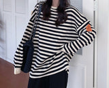 Fashionkova  Autumn Oversized Crewneck Sweatshirt Women Cotton Stripe Long Sleeve Black Pullovers Harajuku Hoodies Clothes Korean Streetwear