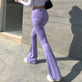 Fashionkova  Purple Ribbed  Joggers Women Knitted Flare Pants Slim High Waist Aesthetic Trousers Female Vintage 90S Sweatpants