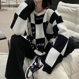 Fashionkova  Korean Style Plaid Sweater Women Oversize O-Neck Pullover Checkerboard Kawaii Bear Print Long Sleeve Winter Jumper Tops