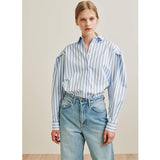 Fashionkova   Shirts Tops Blouse Women Classic 100% Pure Cotton Lady Blue Stripe Shirt Female Spring and Summer Puff Sleeves Shirt