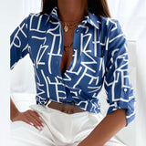 Fashionkova  Office Elegant Pattern Print Blouse Spring Women Casual Long Sleeve Loose Shirt Straight Fall Fashion Lapel Single-Breasted Tops