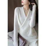 Fashionkova  Temperament Cross V Neck Pure Cashmere Knitwear Female Autumn Winter Languid Lazy 100 Match Sweater Loose Sweater Blouse