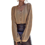 Fashionkova  Solid Brown V Neck Buttons Up Loose Short Tops Open Cardigan Sweater Long Sleeves Autumn Winter Clothing