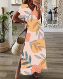 Fashionkova   Summer Beach Maxi Dress For Women 2022 Vintage Loose Short Sleeve V-Neck Split Elegant Boho Floral Sexy Long Dresses Party Robe