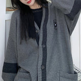 Fashionkova  Korean Style Grey Solid Cardigan Sweater Women Preppy Fashion V-Neck Oversize Knitted Jumper Female Fall Streetwear Top