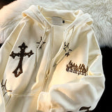 Fashionkova Women's Gothic Embroidery Hoodies Sweatshirt Harajuku Vintage Hip-Hop Streetwears Female Zip-Up Casual Hooded Jacket Sweatshirts