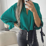 Fashionkova &nbsp;Spring V Neck Solid Women Tops And Blouses Elegant Lantern Long Sleeve Loose Shirt Pullover 2025 Casual Streetwear Blusas