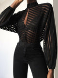 Fashionkova  Sexy Black Women Mesh Sheer Blouses Ladies Long Sleeve Striped Front Hollow Out Transparent Shirts Blusas Mujer Camisas