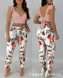 Fashionkova  Summer Solid Color Ruched Women Top + Floral Print Pants Set With Belt 2024 Femme Casual Outfits Women 2 Pieces Overalls