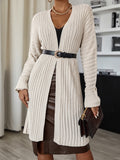 Fashionkova  Beige H Shape Knee Length Loose Open Cardigan Sweater For Women Long Sleeves Autumn Winter Double Brioche Knit Clothing