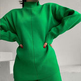 Fashionkova   Knitted Two Piece Set  Women's Tracksuit Green 2022 Winter Loose Long Sleeve Knitwear Wide Leg Pants Elegant Casual Suit Outfits