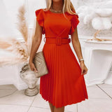 Fashionkova  Elegant Women Ruffle Sleeve Pleated Midi Dress Summer Floral Party Dresses Laides A-Line Dress Evening Dresses Robe De Soiree