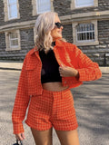 Fashionkova  Fashion Women Orange Tweed Cropped Jacket Single Breasted Turn-Down Collar High Waist Casual Girls High Waist Shorts