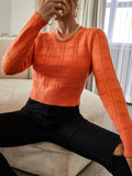 Fashionkova  Solid Orange Long Sleeves O Neck Slim Cutting Square Pattern Knit Autumn Winter 2022 Women Short Pullover Sweater