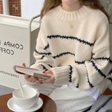 Fashionkova  French Lazy Oaf O-Neck Knitted Pullover Sweater Women Autumn Loose Korean Stripe Sweater Female Contrast Long Sleeve Tops