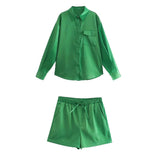 Fashionkova  Fashion Women Green Shirt & Elastic Waist Shorts 2 PCS Summer Set Casual Girls For Holiday Solid Color New Arrival Streetwear