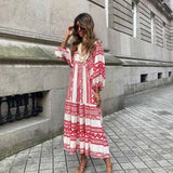 Fashionkova  Women's Boho Puff Sleeve Long Dresses Summer Loose Geometry Printed Half Sleeve Dress Casual Elegant Party Maxi Dresses Vestidos