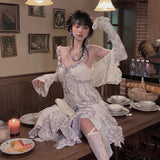 Fashionkova  Fairycore Lace Patchwork Dress Vintage Grunge Maxi Dress Irregular Y2k Aesthetics Party Dresses Korean Floral Dress Prom