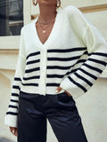 Fashionkova  Black White Strips V Neck Buttons Up Short Tops Open Cardigan Sweater Long Sleeves Autumn Winter Clothing