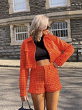 Fashionkova  Fashion Women Orange Tweed Cropped Jacket Single Breasted Turn-Down Collar High Waist Casual Girls High Waist Shorts