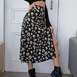 Fashionkova  Women's Wild Fashion Split Midi Skirt Leopard Print High Waist A-Line Skirts Spring Autumn Casual Clothes Vintage 90S Streetwear