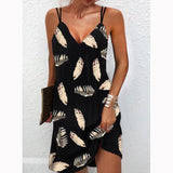 Fashionkova  2022 Summer V Neck Straps Dress Women Sexy Sleeveless Feather Printed Mini Sling Dress Female Casual Loose Party Beach Dresses