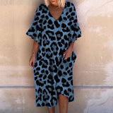 Fashionkova  Summer Fashion Women Leopard Print Beach Dress Boho Ruffle Sleeve V-Neck Dresses Casual Loose Long Dresses Loose Robe Été