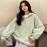 Fashionkova Sweatshirt Green Women Hooded Pullover Vintage Beige Printing Jacket Long Sleeve Korean Fashion Casual Y2K Winter Female Tops