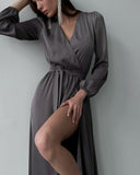 Long Dress Slit Deep V-Neck Temperament Elegant Casual Solid Color Long-Sleeved Robe Female With Belt For Party 2022 Fashion