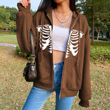Fashionkova  Women Skeleton Print Zipper Hoodies Tops Autumn Winter Long Sleeve Streetwears Jacket Female Casual Drawtring Hooded Sweatshirts