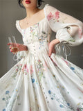 Fashionkova Midi Print Dress Summer 2024 New Women Elegent Fashion French Retro Princess Fancy Party Prom Clothes Female Vestidos